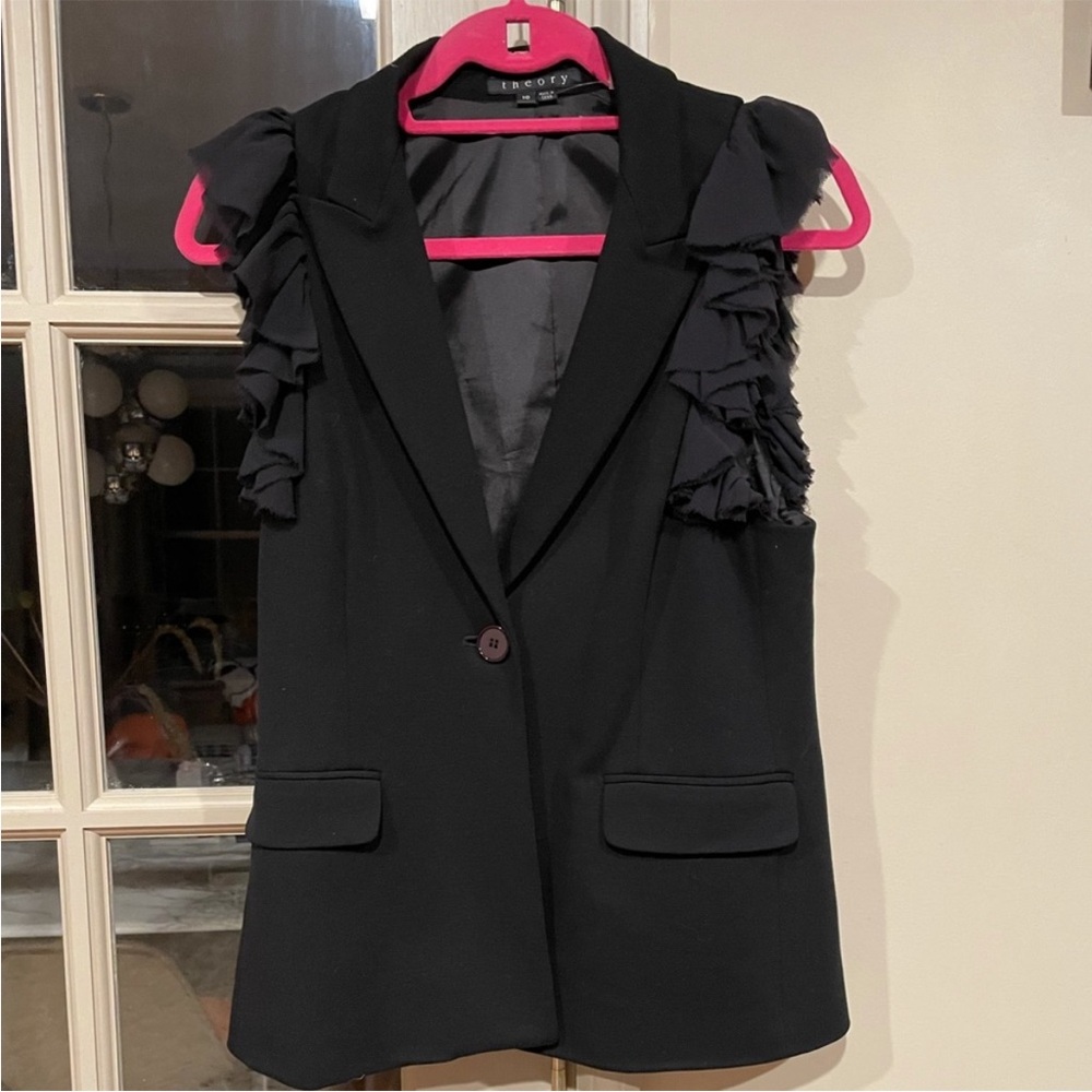 THEORY Black Ruffle Sleeveless Blazer Vest